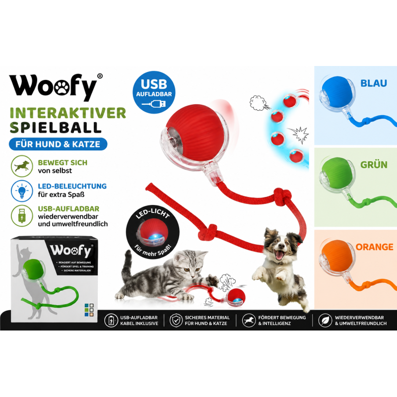 Interaktiver Ball für Hund & Katze USB LED...
