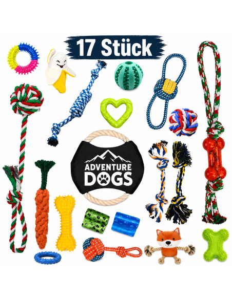 Adventure Dogs – 17-teiliges Hundespielzeug-Set mit Kau-, Seil- und Zerrspielzeug